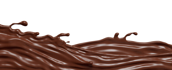 liquid Chocolate Rich and Creamy long wave Splash Flowing Elegantly, hot cocoa drink isolated on transparent background 3d illustration.