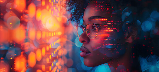 Portrait of african american woman wearing eyeglasses and looking at binary code on background and analysing data. AI cyber security threat