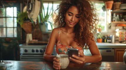 A woman in a bright kitchen, looking at her phone and holding a cup, surrounded by a cozy and vibrant atmosphere, highlighting a harmonious morning routine.