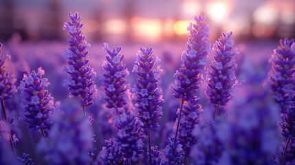 Obraz premium Dreamy lavender field in a purple haze light at sunrise with a soft and calming atmosphere, ideal for backgrounds and nature-themed designs A serene lavender field, bathed in the soft glow of sunrise,