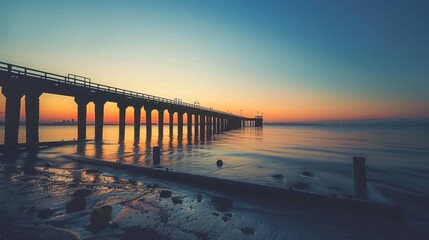 Obraz premium Tranquil sunset pier silhouette against colorful sky over calm ocean with city skyline in distance