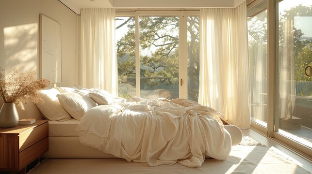 Light spacious bedroom A haven of serenity, bathed in the soft glow of natural light pouring through expansive windows A double divan bed, draped in crisp white linens, promises a night of restful slu