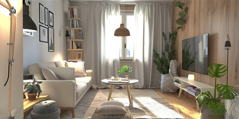 Scandinavian style interior design, minimalist small living room, large floor-to-ceiling windows, curtains, TV wall, cozy sofa, coffee table, floor lamp, compact and cozy space