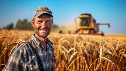 Portrait of male farmer in golden wheat field with combine harvester machine.