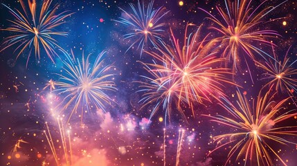 Patriotic Fireworks The night sky erupts with a dazzling display of multicolored fireworks, leaving a trail of shimmering stars in their wake A captivating abstract background celebrating independence
