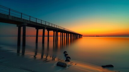 Obraz premium Tranquil sunset pier silhouetted structure reflecting in calm waters with city skyline beyond