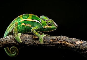 Fototapeta premium A green chameleon with yellow stripes rests on a brown branch. The reptiles bright green scales are visible against the dark background