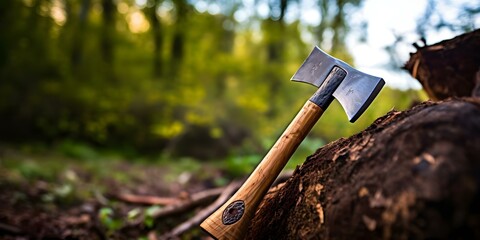Closeup of an axe on a log in a rural setting. Concept Rural Setting, Axe, Closeup Shot, Woodland Scene, Outdoor Photography