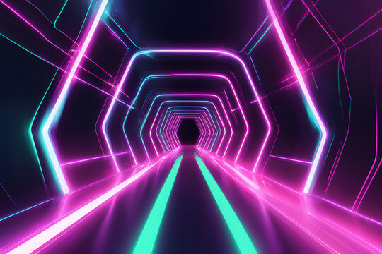 A neon lights in a dark room pulsates with vibrant shades of pink, blue, and purple.
The glowing circle creates a mesmerizing focal point, perfect for nightclubs, parties.