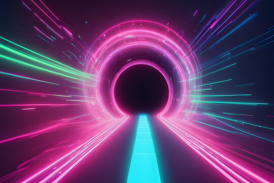 A neon lights in a dark room pulsates with vibrant shades of pink, blue, and purple.
The glowing circle creates a mesmerizing focal point, perfect for nightclubs, parties.