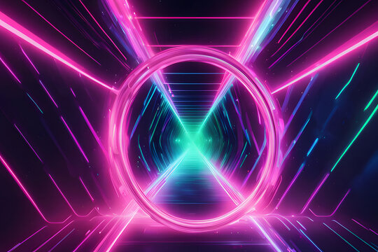 A neon lights in a dark room pulsates with vibrant shades of pink, blue, and purple.
The glowing circle creates a mesmerizing focal point, perfect for nightclubs, parties.