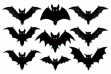 Halloween bat set. Black silhouette Halloween bat vector illustration, set of halloween bats

