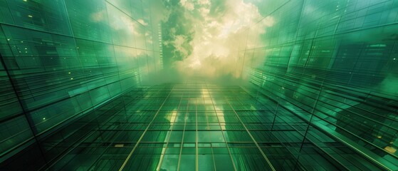 Futuristic green skyscraper with digital overlays