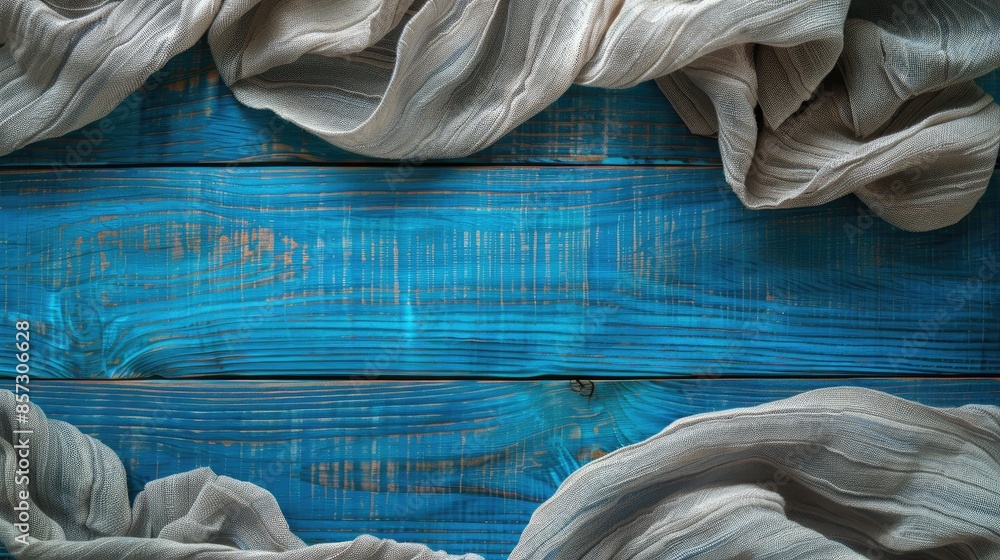 Poster top view of blue wooden background with gray linen texture and empty space for design simulation