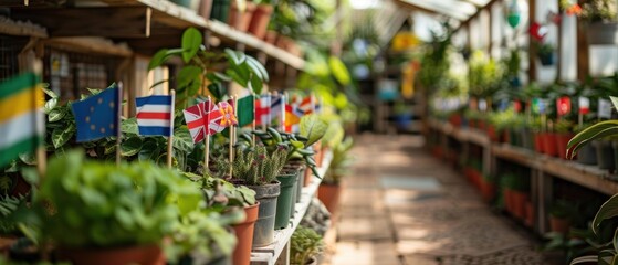 Garden display of diverse potted plants with country flags
