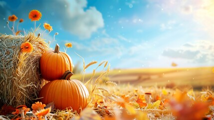 Beautiful decoration pumpkin in field in farm in Autumn