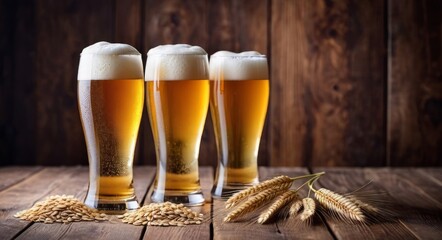 Glasses of light beer with spikelets of barley on the wooden background.  Copy space for text