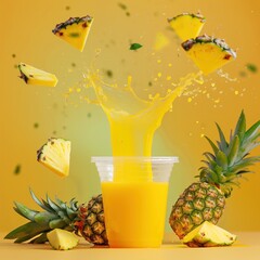 commercial product advertising for pineapple juice in a plastic cup with splashing juice and fruits