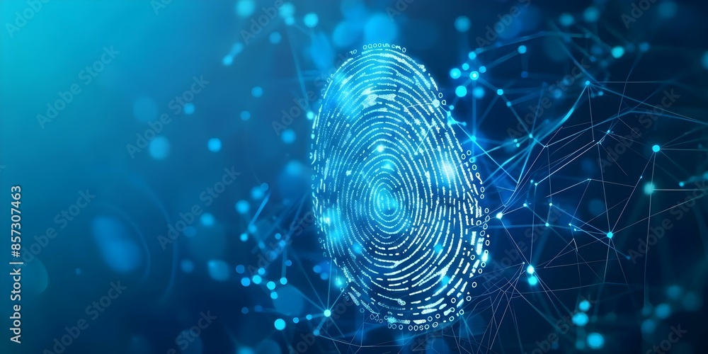 Poster provider of biometric access technology with digital fingerprint verification on a blue background. 