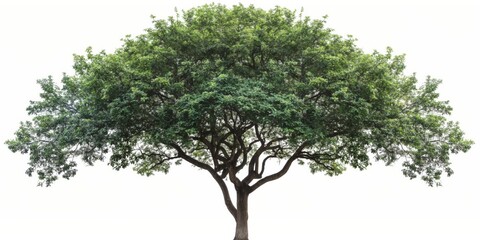 A grand tree with lush foliage, set against a clear white background, symbolizing growth and seasonal change.