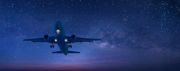 Airplane and sky, the plane is landing. Airplane take off on the blue sky, Aircraft flying on sky background. Passenger plane ready for landing. Low angle view of Airplane flying under blue sky