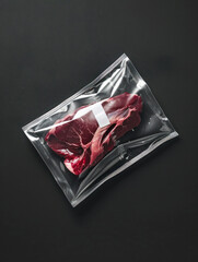 Vacuum-packed piece of raw meat with white label