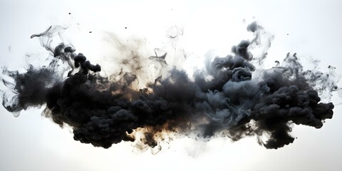 Highdefinition photo of black smoke explosion on white background hyperrealistic front view. Concept Hyperrealistic Black Smoke Explosion, White Background, Front View, High-Definition Photo