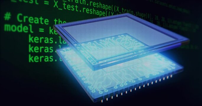 A 3D animation illustrating the evolution of AI: starting with lines of code, followed by particles forming a quantum processor. The processor integrates into a brain, spreading circuits like those on