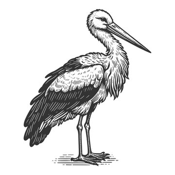 recommend clip art: stork bird with its wings partially spread, showcasing detailed feathers and graceful posture sketch engraving generative ai vector illustration. Scratch board imitation. Black and white image.