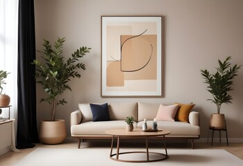 Modern interior design of living room with sofa, table and creative wall art AI Generated