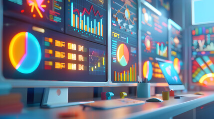 A 3D cartoon character representing data-driven management stands confidently in front of a large screen filled with colorful graphs and charts. With animated gestures and an insightful expression,