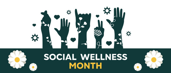 Social Wellness Month. Hand, heart, gear and flower.  Perfect for cards, banners, posters, social media and more. White background.