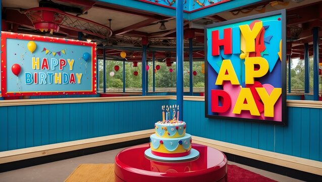 realistic photography of a birthday in a amusement par background