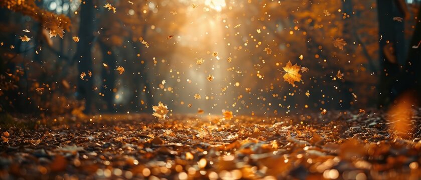 Golden autumn leaves falling from trees,