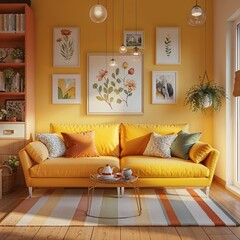 Modern Living room with Sofa With Window | Interior with Bright Yellow Sofa Set | Minimalist Living Room	