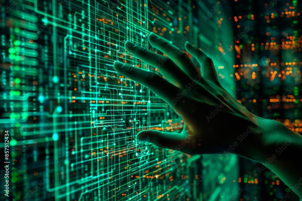 Aufkleber human machine connection through data streams, fingertips almost touching across digital field