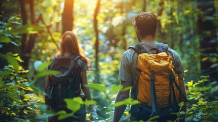 Two individuals with backpacks navigate a verdant forest trail during early morning hours, surrounded by vibrant greenery and softly filtered sunlight that illuminates their path.