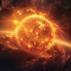 Fototapeta premium Sun in the vastness of space, radiant and fiery, surrounded by stars, panoramic view, glowing orange and yellow, powerful cosmic scene