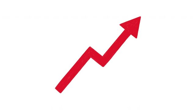Red upward trend arrow, hand drawn doodle animation on a white background