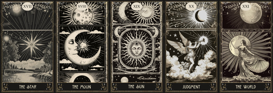 vintage vintage style deck of tarot cards. magical predictions of the future, mysterious characters. AI generated