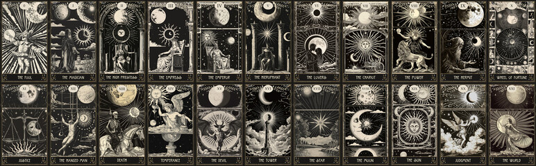 vintage vintage style deck of tarot cards. magical predictions of the future, mysterious characters. AI generated