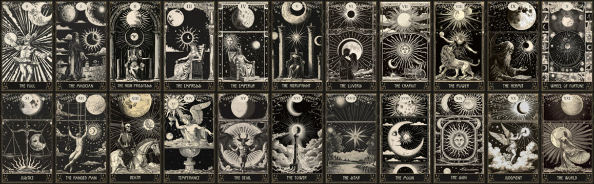 vintage vintage style deck of tarot cards. magical predictions of the future, mysterious characters. AI generated