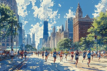 Chicago Marathon Runners Passing Tall Buildings on a Sunny Day