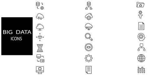 Big data 21 icons collection.Data analytics icon set. Big data analysis technology symbol. Containing database, statistics, analytics,monitoring, computing and network icons.Vector illustration.