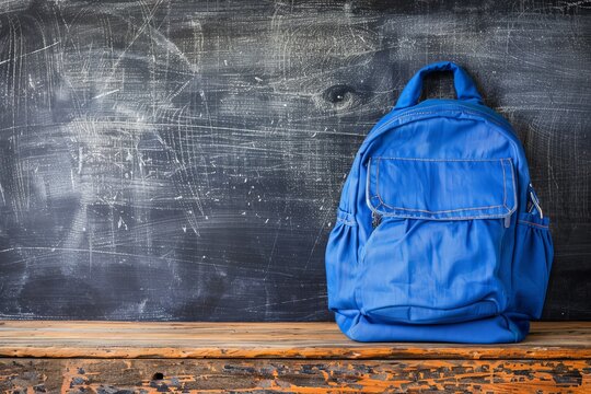 Vivid blue school backpack close up on wooden desk with softly blurred chalkboard background