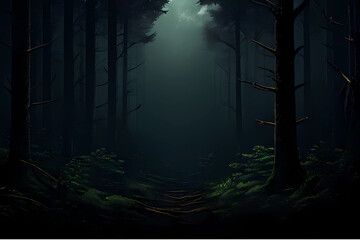 Fototapeta premium night view of the forest with a dark background, trees mountains land hills valleys at night, Generative AI