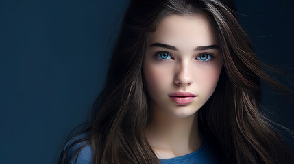 Fototapeta premium Portrait of a serious aggressive teenage girl with perfect skin, dark blue background, banner.