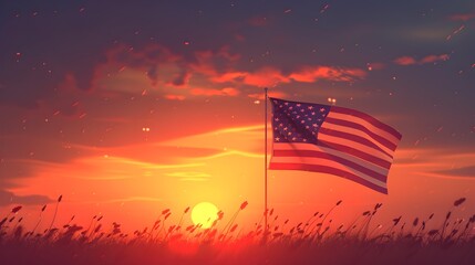 Obraz premium Minimalist Waving American Flag Design at Sunset Backdrop