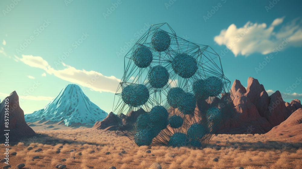 Poster Abstract scfi-fi landscape with connected 3D balls and molecular grid structure. Futuristic surreal abstraction.