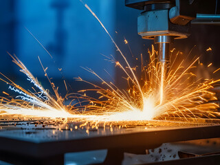 Background sparks fire fly machine cnc cut metall laser cutting metal industry welding processing production steel metallurgy plant spark part manufacturing equipment factory technology.